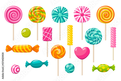 Sweets, candies and lollipops on sticks. Icons set of cute bonbon caramel, swirl lollipop, desserts, gum, hard sugar candies in wrapper and marshmallow, vector illustration
