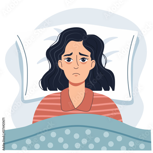 Depressed woman in bed with sad expression, suffering from insomnia and mental health problems, emotional girl suffering from depression, tired. Flat graphic vector illustration isolated on white back