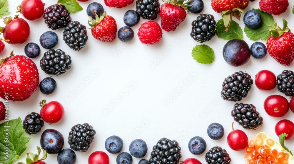 Assorted Fresh Berries Frame on White Background with Copy Space Assorted Fresh Berries Frame on White Background with Copy Space