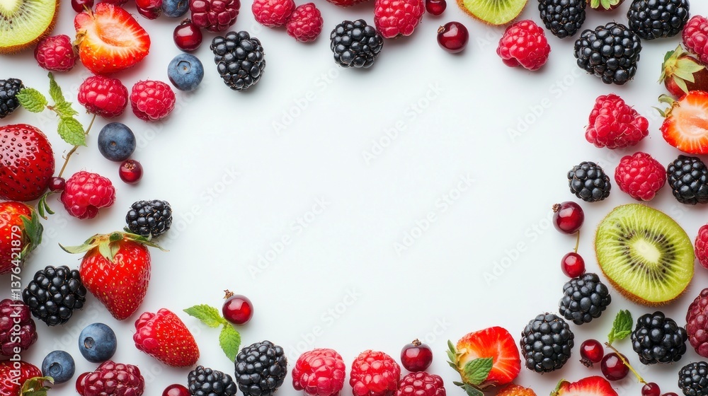 Fresh Summer Fruits Frame on White Background with Copy Space Fresh Summer Fruits Frame on White Background with Copy Space