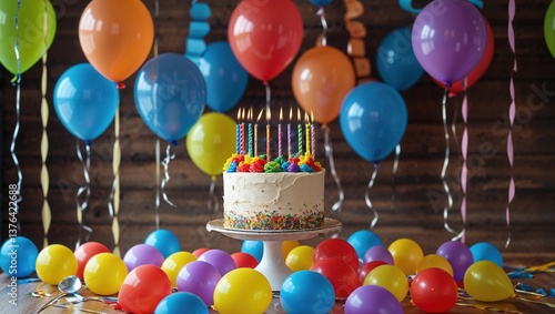 誕生日ケーキ カラフルキャンディーと風船 子供向けパーティー

