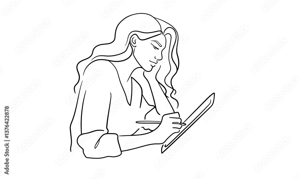 Woman drawing on tablet, continious line drawing. Drawing, teaching, artist. Vector illustration Woman drawing on tablet, continious line drawing. Drawing, teaching, artist. Vector illustration