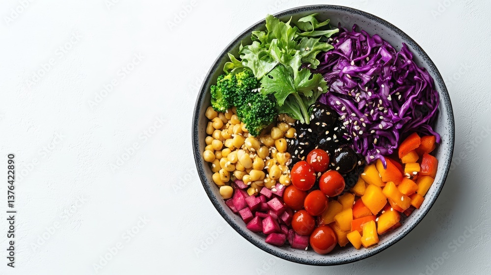 Top view of a beautifully plated vegan buddha bowl featuring a colorful array of fresh vegetables and nutrient-rich grains Top view of a beautifully plated vegan buddha bowl featuring a colorful array of fresh vegetables and nutrient-rich grains