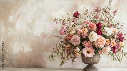 Blooming Floral Symphony: A vibrant display of roses and other flowers arranged in an elegant vase, their soft petals contrasting with the backdrop's serene ambience.