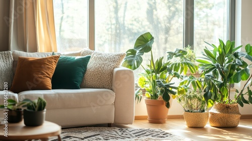 Living Room Plants: Sunlight streams through a large window, illuminating a cozy living room filled with lush, healthy houseplants. A comfortable sofa with pillows adds warmth to this tranquil space.