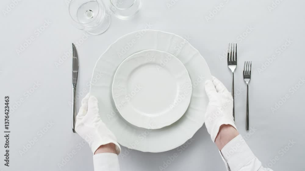 Fancy restaurant, waiter Elegant table setting with white square plate and silverware, arranged for sophisticated dining