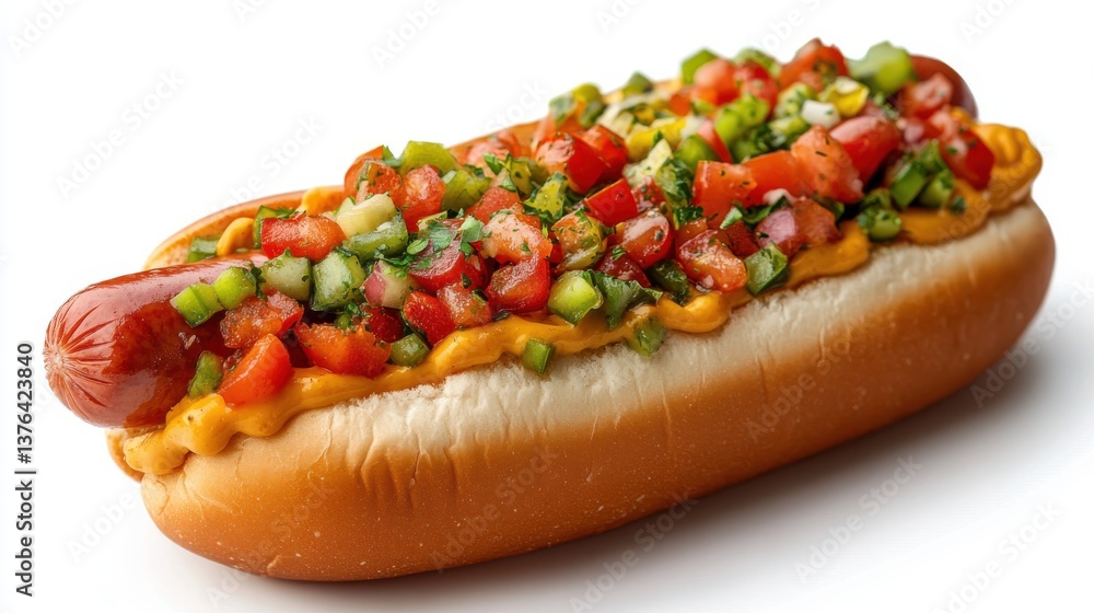 Gourmet hot dog with artisanal toppings displayed from a top view perspective on a rustic wooden board Gourmet hot dog with artisanal toppings displayed from a top view perspective on a rustic wooden board