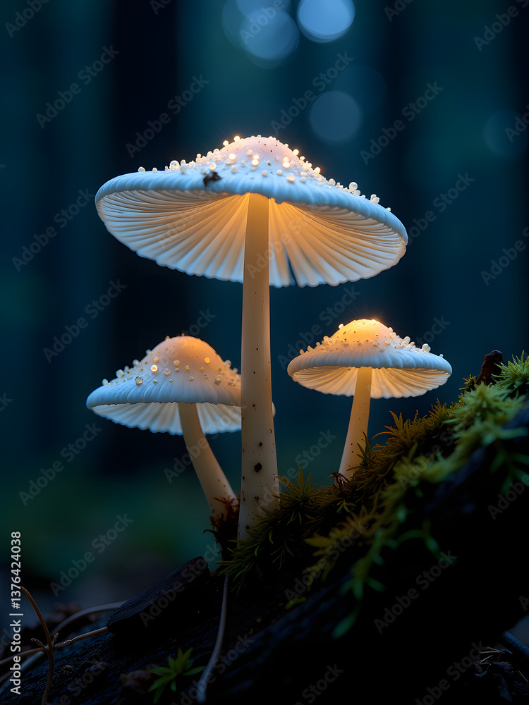 Fototapeta premium Glowing Fungi That Grow In Dark Environments Produce A Soft, Ethereal Light Often Seen In Forests At N
