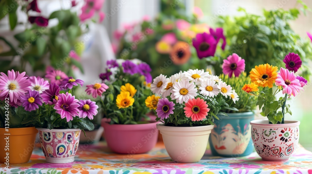 Blooming Potted Garden: A delightful array of vibrant potted flowers, a burst of color and life, radiates spring vibes. Each colorful pot is home to unique, flowering plant. Blooming Potted Garden: A delightful array of vibrant potted flowers, a burst of color and life, radiates spring vibes. Each colorful pot is home to unique, flowering plant.