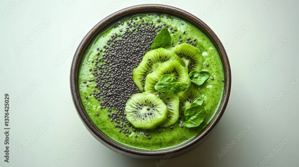 Obraz premium Vibrant green smoothie bowl with various ingredients presenting a healthy and energizing meal option from above