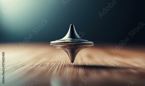 A gleaming metal spinning top in motion, balancing perfectly on a grainy wooden tabletop.