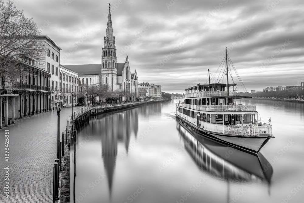 Fototapeta premium A monochrome silhouette of Savannah skyline, including historic churches and riverboats