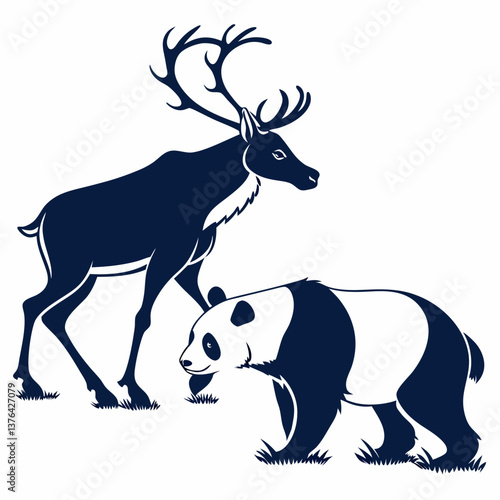 reindeer panda black silhouette icon vector