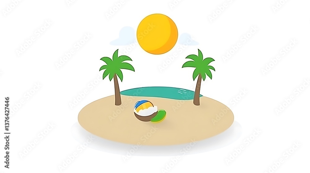 Fototapeta premium Tropical Island Paradise Scene With Coconut And Beach Ball