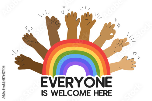 Everyone is welcome here LGBT sticker. All Are Welcome Here. LGBT safe space Rainbow Poster. Message of kindness, equality, respect and belonging. Promoting pride, diversity and inclusion