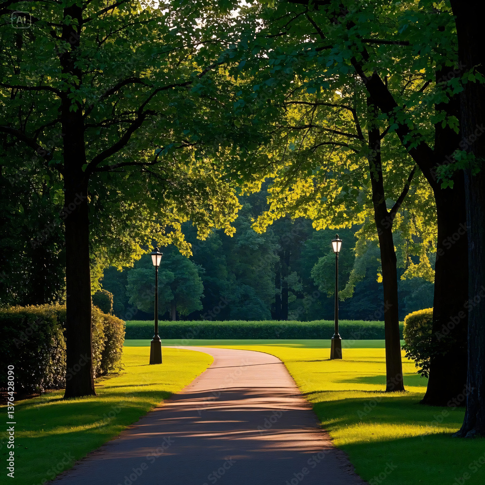 Obraz premium Sunlit path in a park before sunset