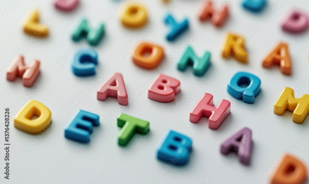 Brightly colored alphabet magnets scattered playfully on a white surface, great for learning and education. Brightly colored alphabet magnets scattered playfully on a white surface, great for learning and education.