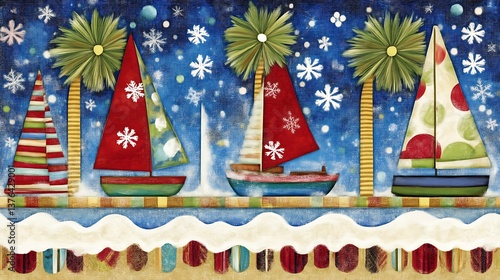 Tropical Christmas Sailboats Snowy Seascape Scene