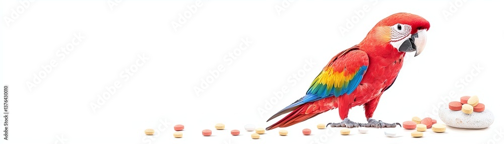 Obraz premium Vibrant parrot perched with colorful feathers, white isolated background.