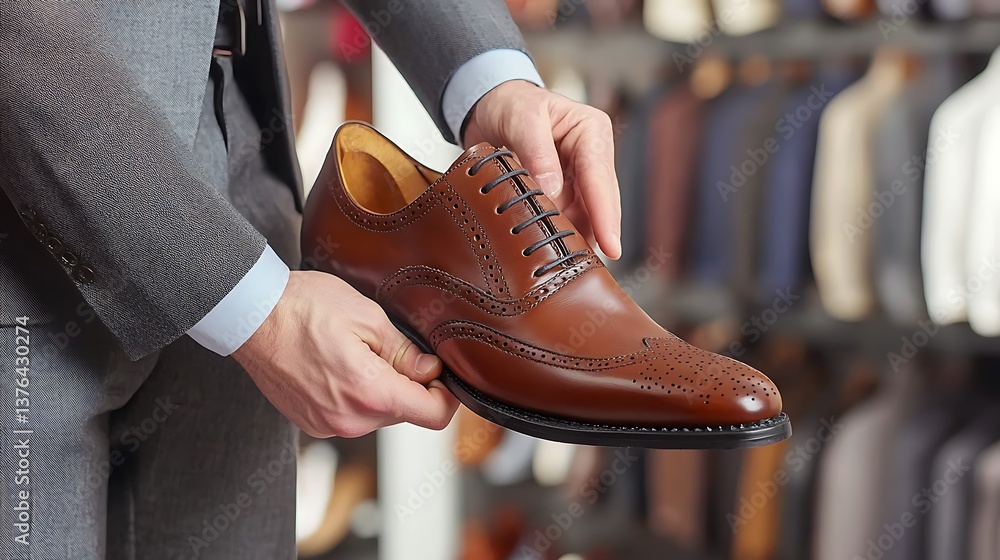 Man holds brown shoe in clothing store, suits blurred background. Use for fashion or retail ads Man holds brown shoe in clothing store, suits blurred background. Use for fashion or retail ads