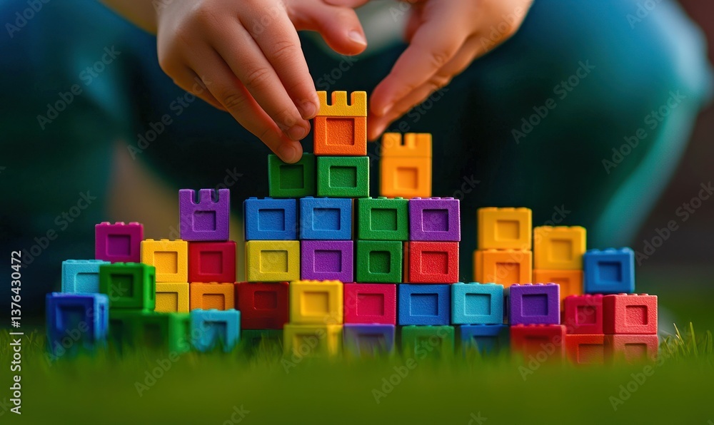 Naklejka premium A child is carefully constructing a vibrant castle from colorful toy blocks on green grass.