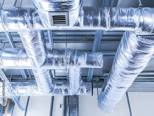 Industrial Ductwork and Ventilation System: Modern HVAC Airflow Solutions in Commercial Building Ceilings – Air Conditioning and Steel Ducts for Optimal Environmental Control