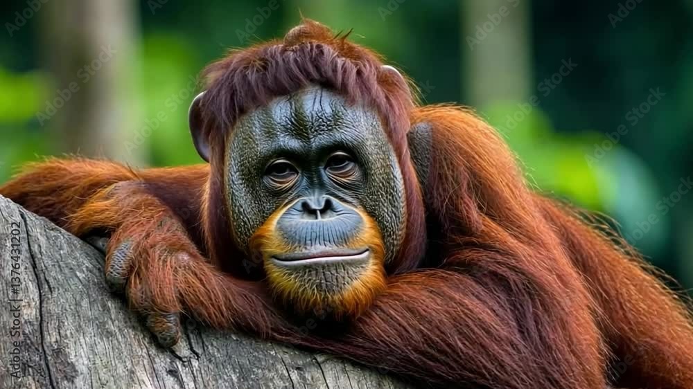 An orangutan peacefully sleeping on a branch. This beautiful image represents the calmness of wildlife and the charm of nature. Perfect for educational and nature-related projects. AI An orangutan peacefully sleeping on a branch. This beautiful image represents the calmness of wildlife and the charm of nature. Perfect for educational and nature-related projects. AI