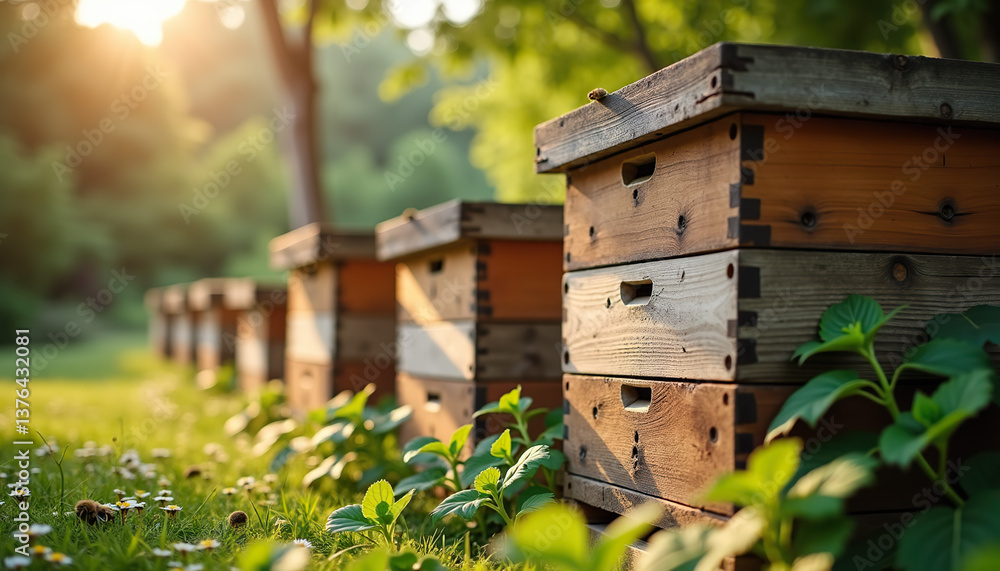 Beehives in Field at Sunset Beehives in Field at Sunset