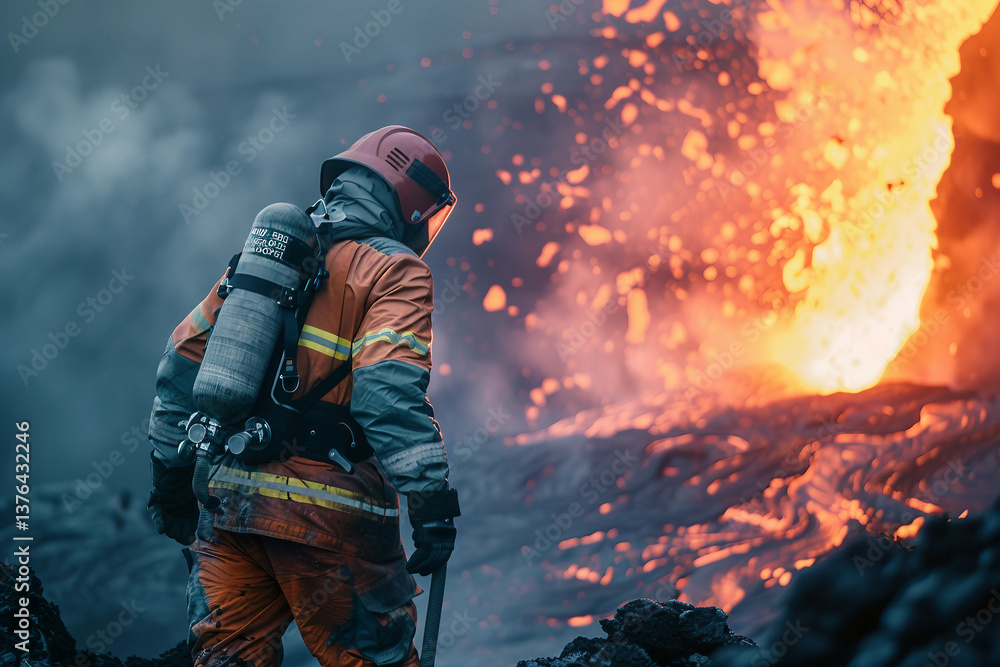 Naklejka premium Scientists observing massive volcanic eruption with lava explosion and ash cloud, generative ai