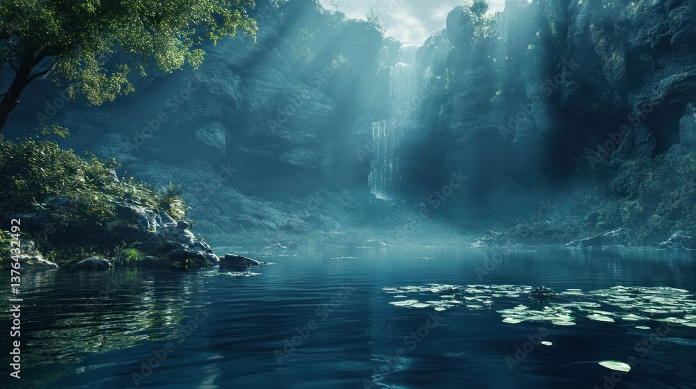 Naklejka premium A serene image depicts a waterfall in a peaceful forest setting