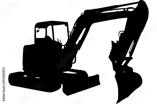 A powerful excavator poised for action, ready to reshape the landscape with its strong arm and sturdy tracks, in stark black silhouette.