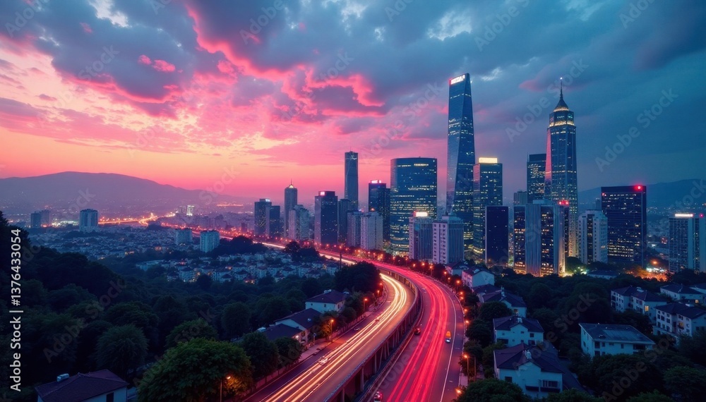 Fototapeta premium Cityscape with skyscrapers at dusk, neon lights, cityscape, skyscraper