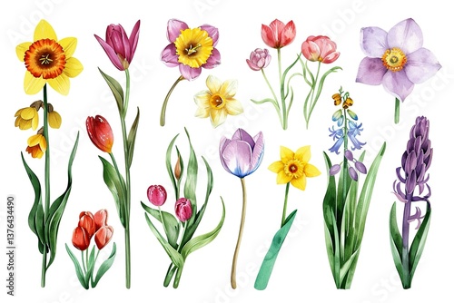 Wallpaper Mural Watercolor spring flowers set with tulips, daffodils, and crocuses on white Torontodigital.ca