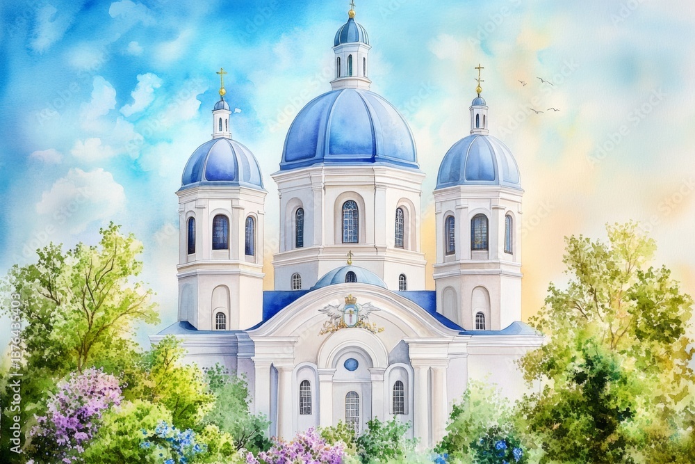 Fototapeta premium A soft watercolor painting of CzÄ™stochowa skyline, with the monastery towers rising above the town