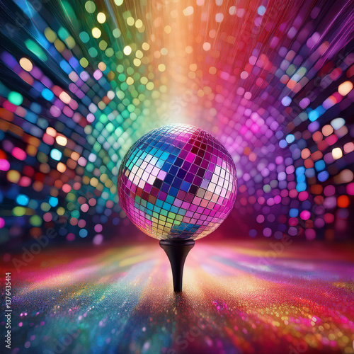 A dazzling disco ball reflects vibrant, colorful lights, creating an exciting party atmosphere