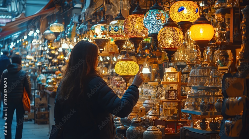 Fototapeta premium Istanbul / Turkey; Souvenir store in big bazaar, people observing traditional lamps in the shop