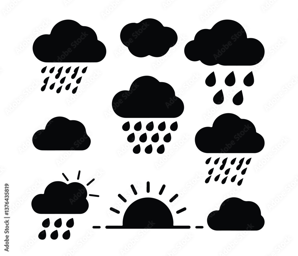 Set of Weather Icons Showing Sun, Clouds, and Rain Set of Weather Icons Showing Sun, Clouds, and Rain