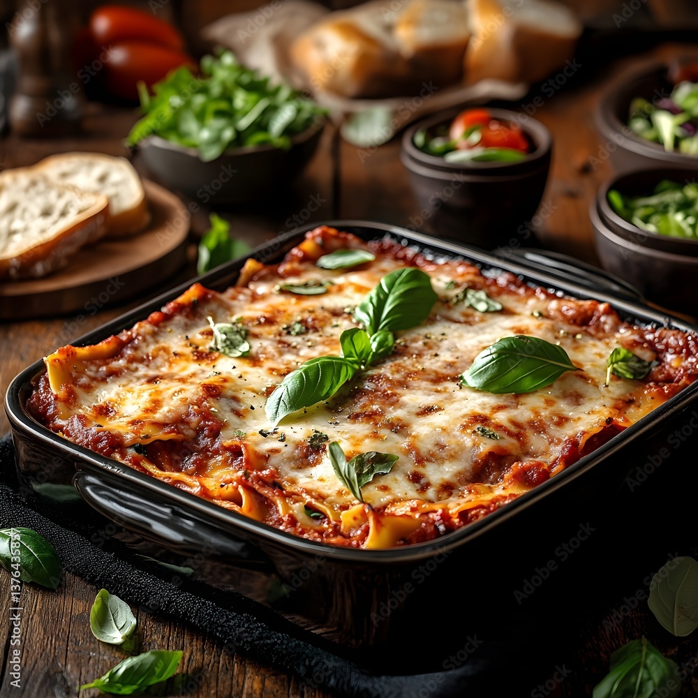 A square piece of lasagna topped with cheese and professionally arranged A square piece of lasagna topped with cheese and professionally arranged
