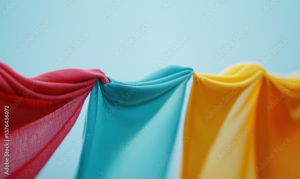 Flowing semi-transparent fabrics in red, blue, and yellow create an airy and vibrant display. Flowing semi-transparent fabrics in red, blue, and yellow create an airy and vibrant display.