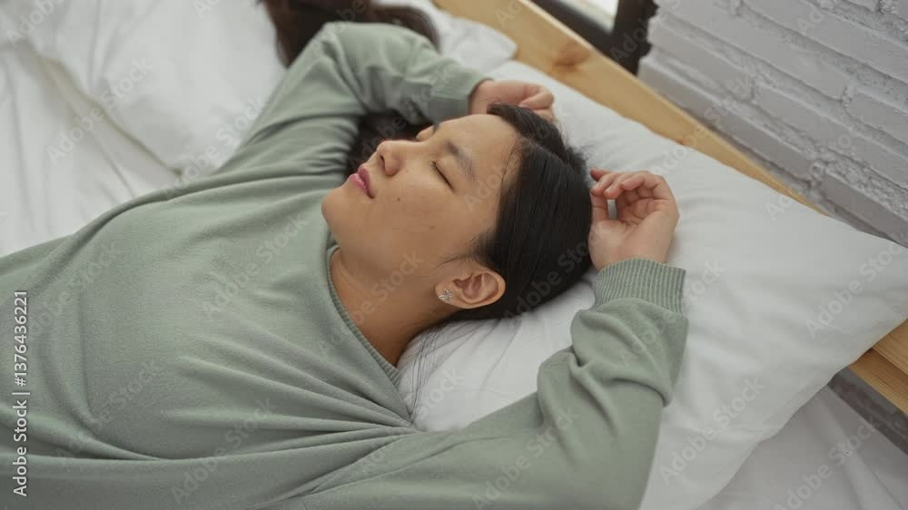 Woman resting in a bedroom setting with a serene expression, lying comfortably on a bed with white pillows, showcasing peaceful indoor atmosphere and calmness of home.
