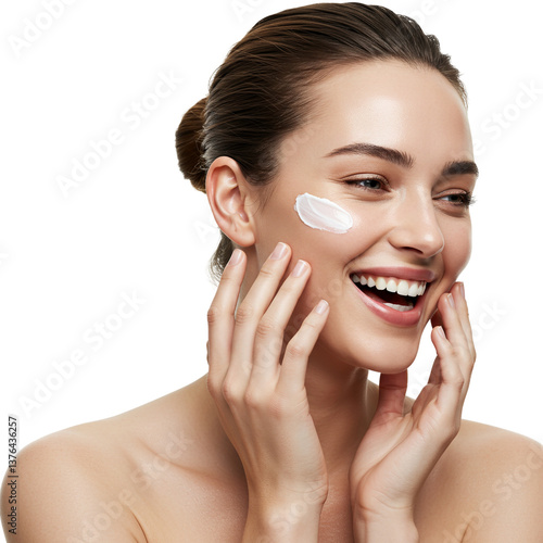 Woman happily using beauty products for skincare routine.