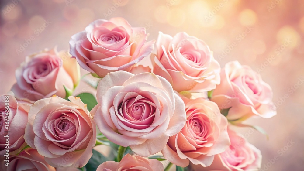 A Delicate Bouquet of Soft Pink Roses, Illuminated by a Warm Golden Light, Evokes Feelings of Romance and Serenity A Delicate Bouquet of Soft Pink Roses, Illuminated by a Warm Golden Light, Evokes Feelings of Romance and Serenity