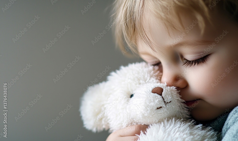 A sweet toddler gently snuggles a plush white teddy bear, its soft fur comforting the child. A sweet toddler gently snuggles a plush white teddy bear, its soft fur comforting the child.