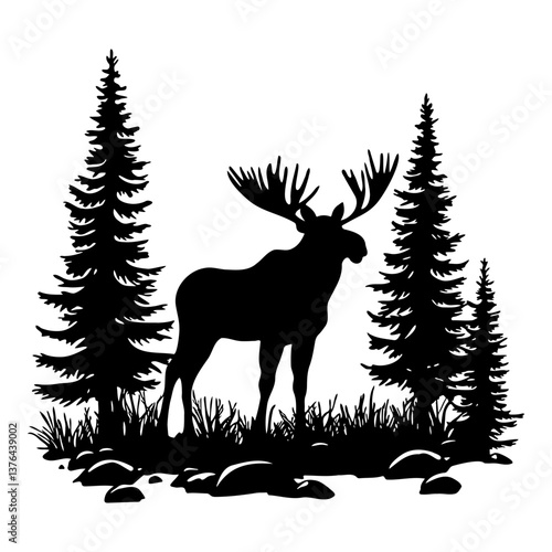 Forest wildlife silhouette scene. Forest landscape with a moose standing among tall pine trees