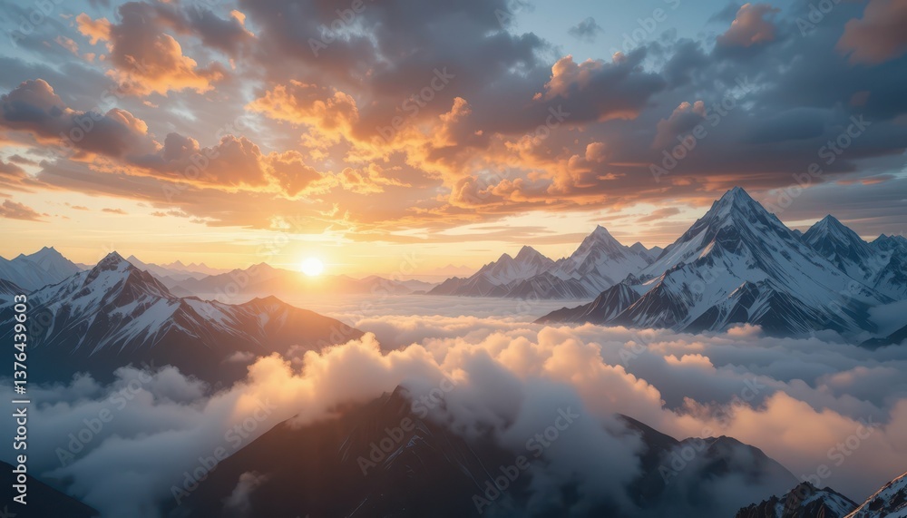 Majestic Mountain Range at Sunset with Dramatic Clouds and Sky Majestic Mountain Range at Sunset with Dramatic Clouds and Sky