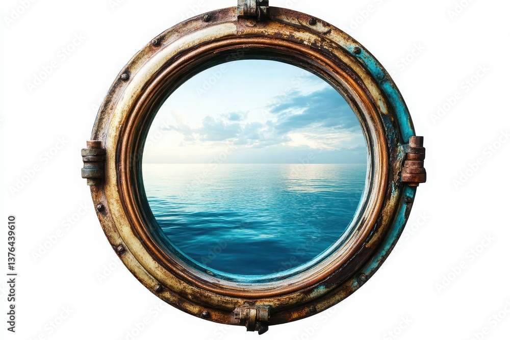 A weathered porthole framing a serene ocean view under a partly cloudy sky on a bright day light A weathered porthole framing a serene ocean view under a partly cloudy sky on a bright day light