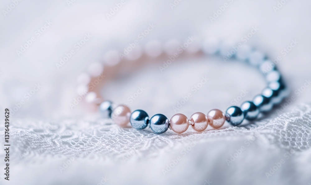 A pink and silver beaded bracelet elegantly rests on a bed of delicate white lace. A pink and silver beaded bracelet elegantly rests on a bed of delicate white lace.