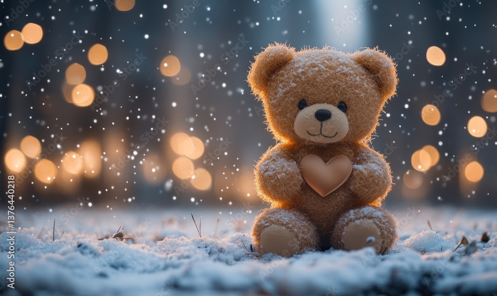 A fluffy teddy bear holds a heart in a snowy, bokeh-lit scene A fluffy teddy bear holds a heart in a snowy, bokeh-lit scene