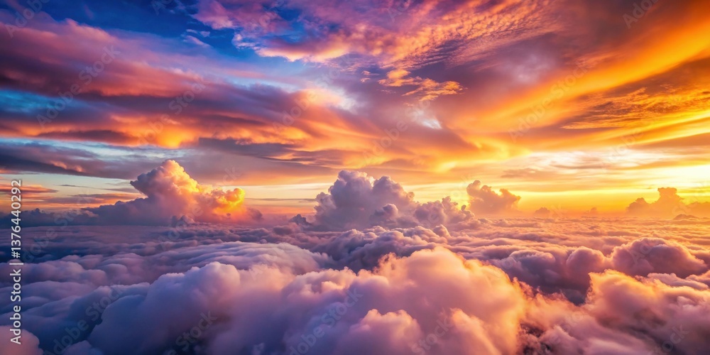 Fototapeta premium A breathtaking aerial view of a vibrant sunset illuminating a vast expanse of fluffy clouds, showcasing a captivating display of warm and cool colors in the sky