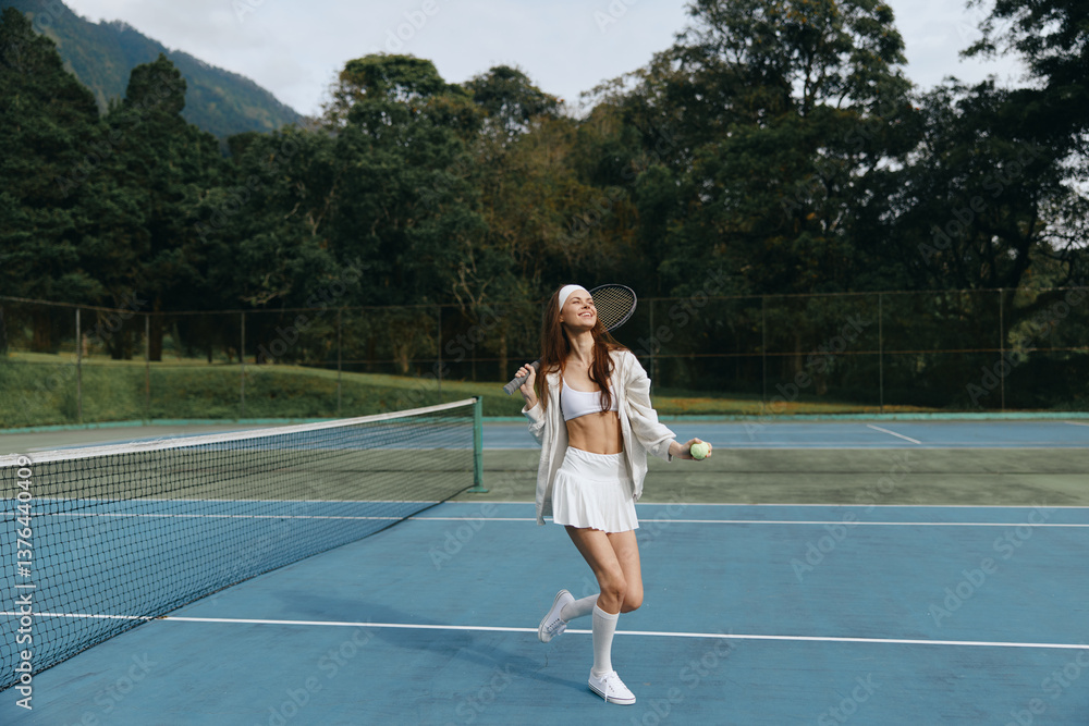 Obraz premium Joyful young female tennis player in white attire celebrating on a sunny outdoor court, showcasing athleticism and enthusiasm with a green nature backdrop